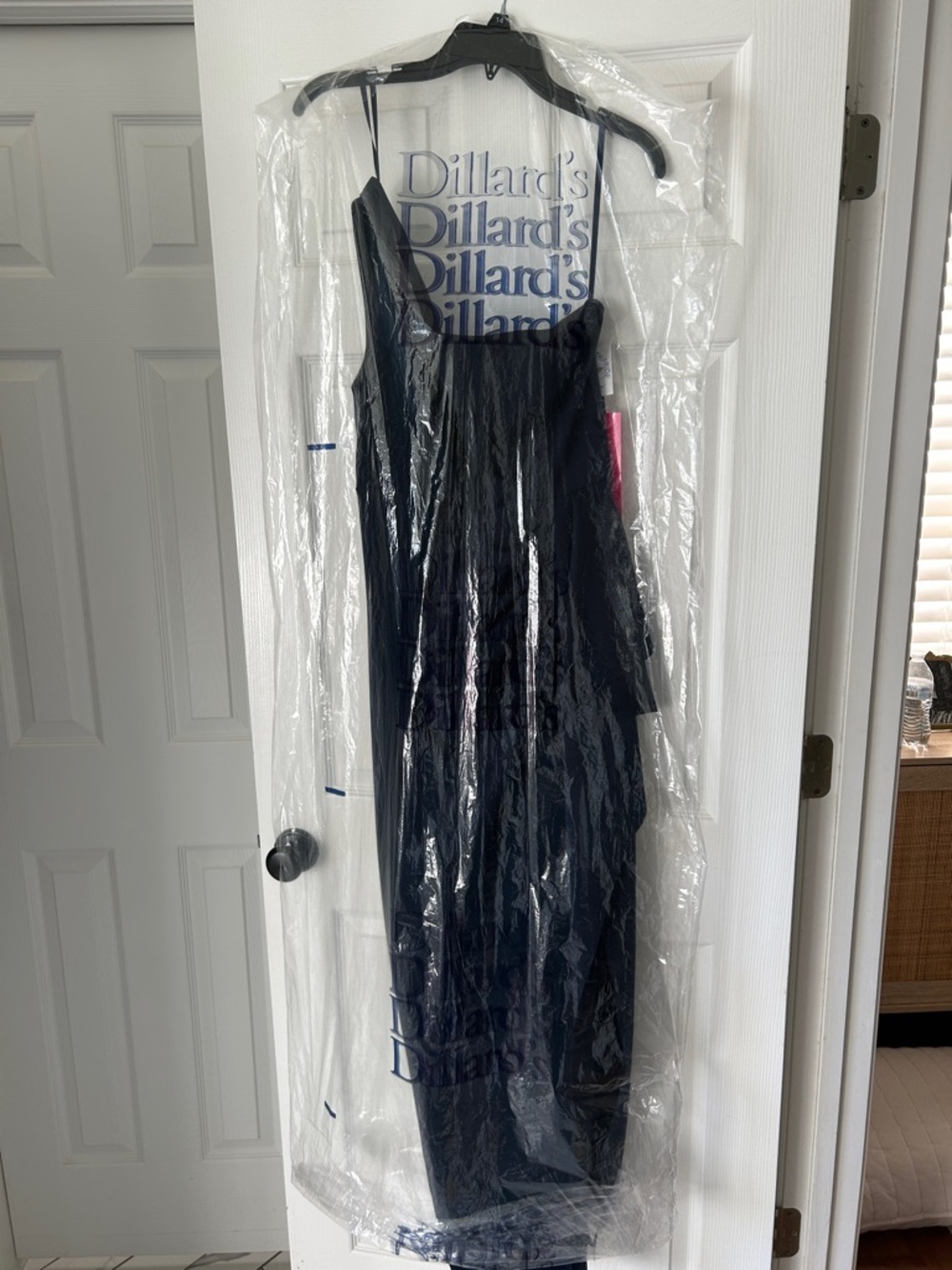 Xscape One-Shoulder Navy Ruffle Column Gown - Picture 5 of 11